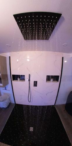 La salle de bains est pourvue d'une douche avec un tuyau sur le mur. dans l'établissement Spa Room Strasbourg, à Schiltigheim