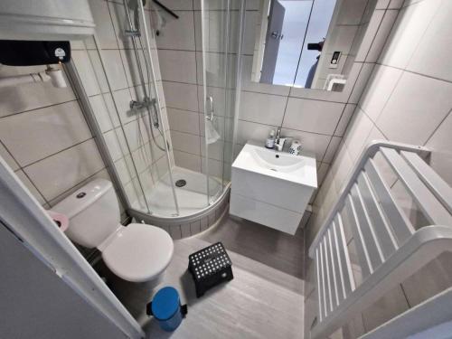 La salle de bains est pourvue d'une douche, de toilettes et d'un lavabo. dans l'établissement Résidence Belle Plage - 2 Pièces pour 4 Personnes 281, à Leucate