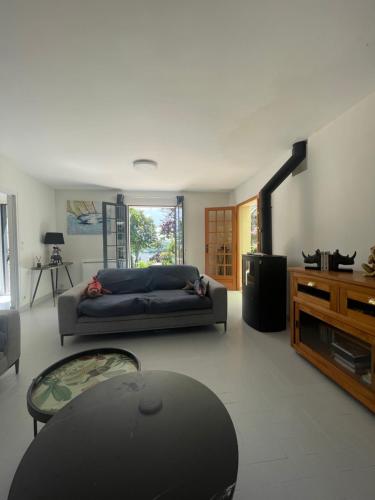 un salon avec un canapé et une table dans l'établissement Maison vue Rance, à Saint-Samson-sur-Rance