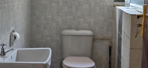 a bathroom with a white toilet and a sink at EAGLE WEAVERS NEST in Livingstone