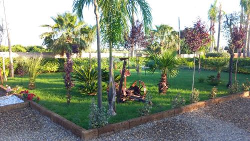 a garden with palm trees and a man sitting in the grass at Relais San Giovanni srls in Castellaneta