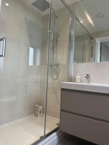 a bathroom with a shower and a sink at Museum View Apartments City Centre 1 Bedroom in Cardiff