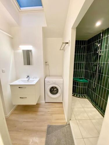 une salle de bain avec une machine à laver et un lavabo dans l'établissement La mezzanine Rouennaise, à Rouen