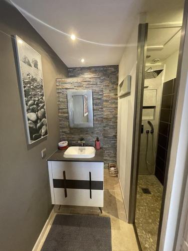 une petite salle de bain avec un lavabo et une douche dans l'établissement La Cigale, à Castillon-du-Gard