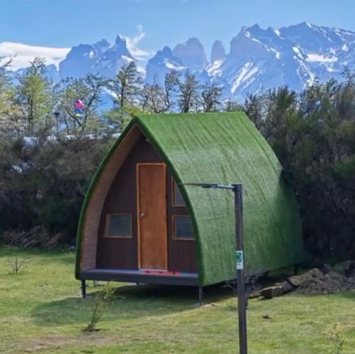 a green roofed tent with a mountain in the background at Morrena Lodge in Torres del Paine