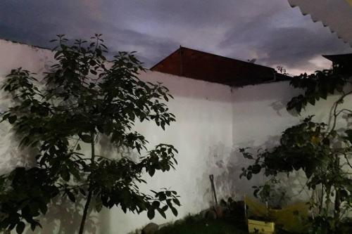 a white wall with trees in front of it at Departamento Monay 1 in Cuenca