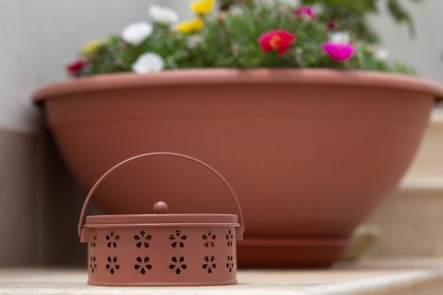 a pot of flowers with a small pink container at Lu Mari Rooms in Marina di Ragusa