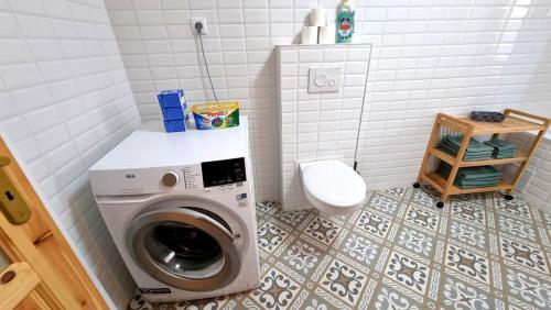 a bathroom with a washing machine and a toilet at Chalupa Pod Zámečkem, Myslkovice in Myslkovice