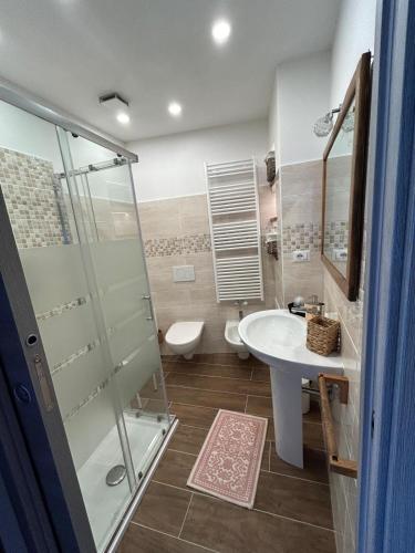 a bathroom with a shower and a sink and a toilet at L Arcolaio in San Maurizio dʼOpaglio