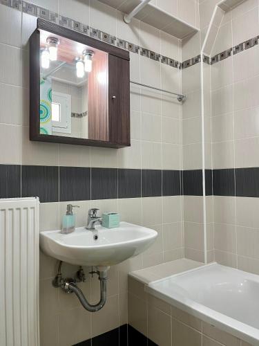 a bathroom with a sink and a mirror and a tub at Aspasia Apartment in Kanali