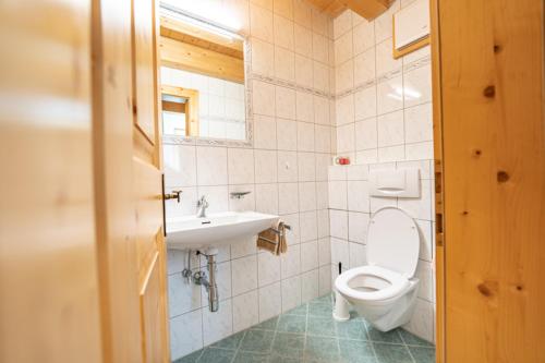 a bathroom with a toilet and a sink at Pension der Steinbock - das 300 Jahre alte Bauernhaus - TIROL in Sankt Anton am Arlberg