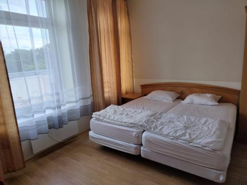 een slaapkamer met een bed en een groot raam bij Jūris in Nida