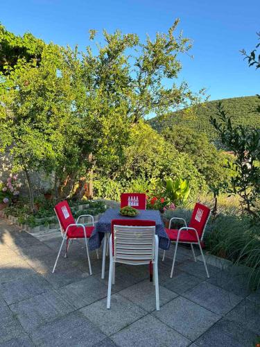 a table and four chairs with a blue tablecloth andatoessenalsenalsenalangering at STUDIO APARTMANI IZVOR in Blagaj