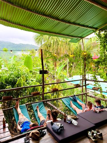 a group of people laying on hammocks on a resort at The Valley Tayrona hostel- A social jungle hostel in El Zaino