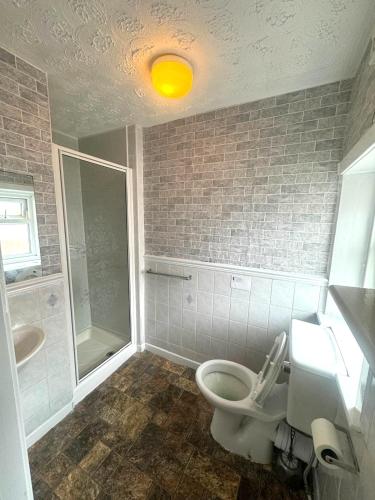 a bathroom with a toilet and a shower and a sink at Tower Central hotel Albert Road in Blackpool