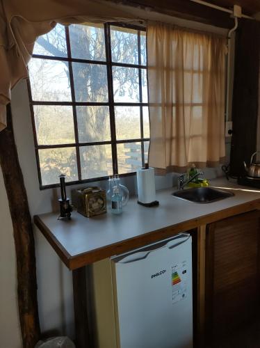 a kitchen with a counter and a sink and a window at Antü in Berdier