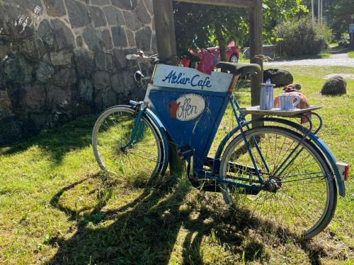 a bike parked in the grass with a milk crate on it at Pfarrhaus Tollensesee in Penzlin
