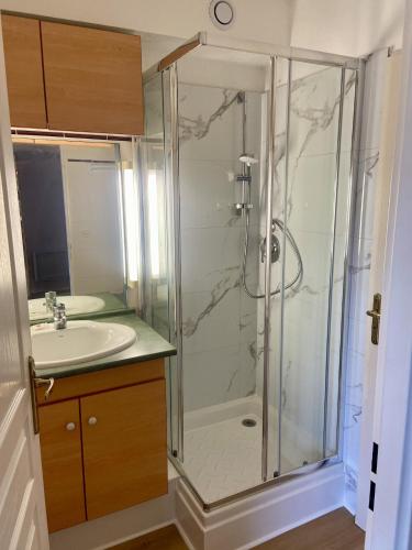 une salle de bain avec douche et lavabo dans l'établissement La Rochelle Minimes - Studio meublé avec piscine, à La Rochelle
