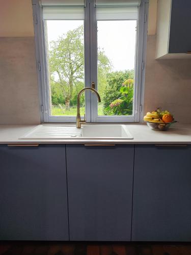 クウェットヴィルにあるLa longère dans la prairieのシンクと窓のあるキッチンカウンター