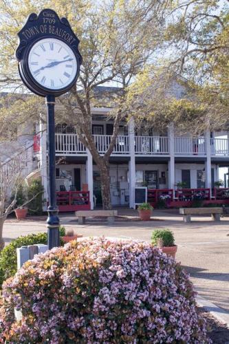 a clock on a pole in a bed of flowers at Beaufort Harbour Suites East Lodge in Beaufort