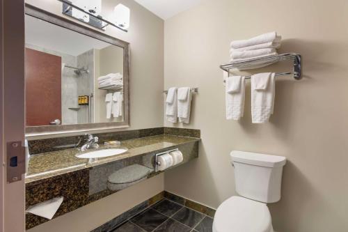 a bathroom with a toilet and a sink and a mirror at Best Western Plus Brandon Inn in Brandon