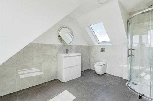 a bathroom with a shower and a toilet and a mirror at 2 Orchard Farm Cottages, Sleeps 10, Large Garden in East Grinstead