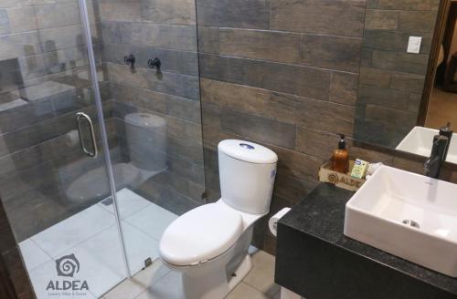 a bathroom with a toilet and a sink and a shower at ALDEA Luxury villas & suites in San Martín de las Pirámides