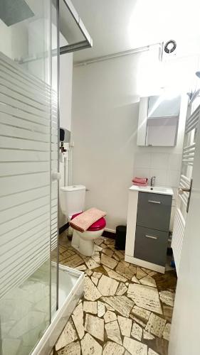 une salle de bain avec toilettes et douche en verre dans l'établissement Appart Proche Orly, à Viry-Châtillon