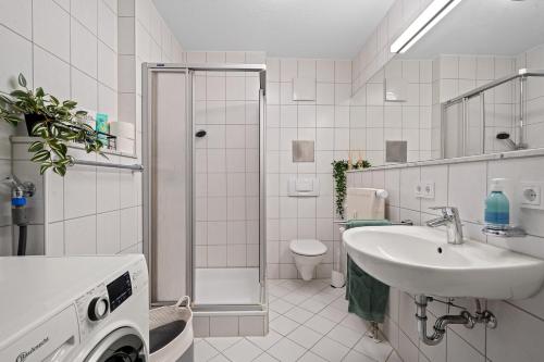 un bagno con lavandino, WC e doccia di BLICKFANG - zentrale Ferienwohnung im Herzen von Friedrichshafen a Friedrichshafen