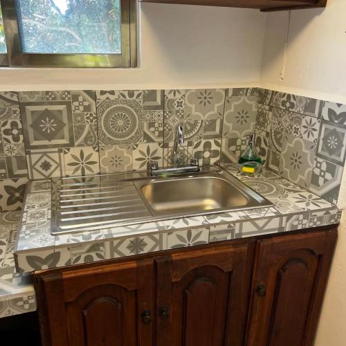 a kitchen with a sink and a counter top at Casa Milo Isla Mujeres in Isla Mujeres