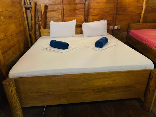 a bed in a room with two blue pillows on it at LakeSide Cabana Tissamaharama in Tissamaharama