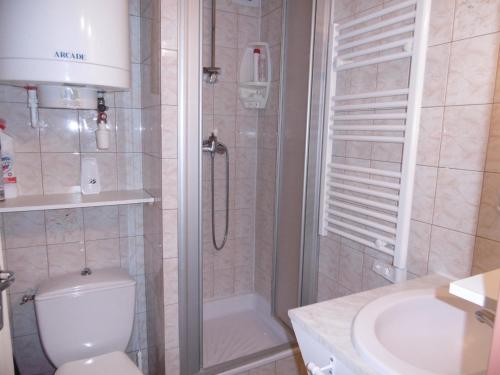une salle de bain avec une douche, des toilettes et un lavabo dans l'établissement Saint-Pierre-La-Mer : Appartement T2 avec WIFI, Parking privatif, Proche plage, 4 personnes - FR-1-795-1, à Fleury