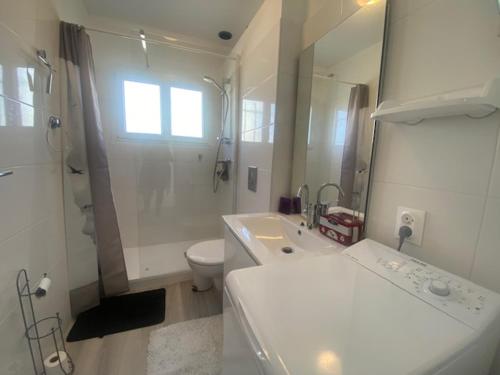 une salle de bain avec un lavabo, des toilettes et un miroir dans l'établissement Spacieux T3 climatisé proche plage, balcon, parking privatif - FR-1-795-19, à Narbonne