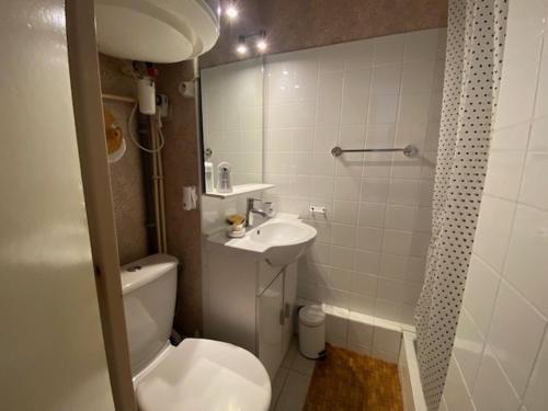 une petite salle de bain avec toilettes et lavabo dans l'établissement Coquet T2 à Narbonne Plage - Cour arborée, Parking, Proche plage et commerces, 4 pers. - FR-1-795-14, à Narbonne