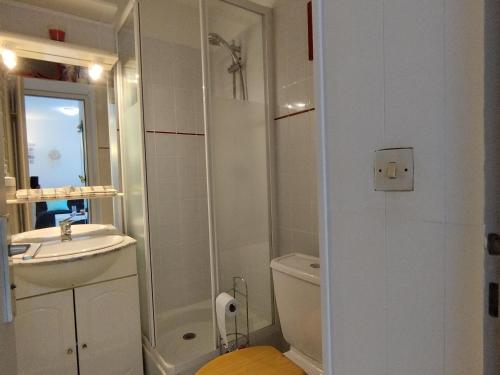 une salle de bain avec un lavabo, des toilettes et une douche dans l'établissement Appartement T2 Saint-Pierre-La-Mer: Terrasse, Parking Privé, Tennis - 4 Pers. - FR-1-795-23, à Fleury