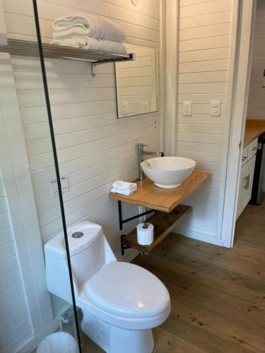 a bathroom with a white toilet and a sink at Sol y Arena Xcalak in Xcalak