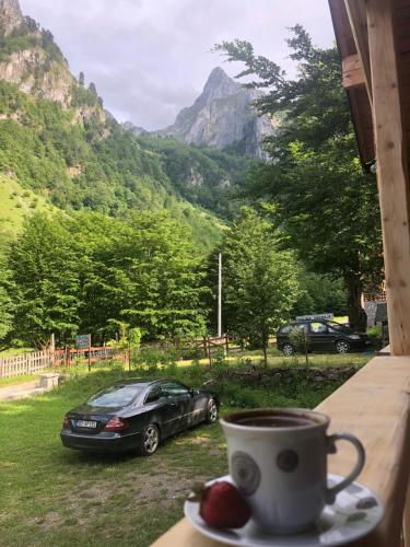 a cup of coffee sitting on a table next to a car at Prokletije Vucetic sobe in Dolja