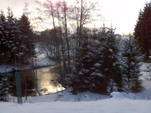 a view of a snow covered forest with trees at Böhmerwald Pur2 mit Sauna in Klaffer am Hochficht