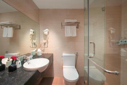 a bathroom with a toilet and a sink and a shower at Hanoi Center Silk Classic Hotel & Travel in Hanoi