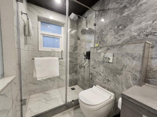 a bathroom with a toilet and a glass shower at Wonder Hill Kasauli in Kasauli