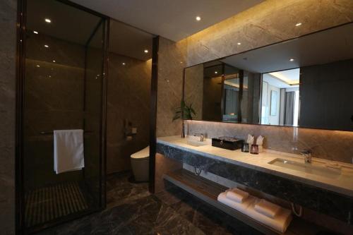 a bathroom with a sink and a mirror and a toilet at Rosedale Hotel Taicang in Taicang