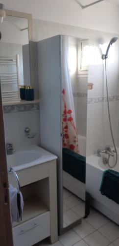 une salle de bain avec une douche, un lavabo et une baignoire dans l'établissement Villa n°1, à Canet