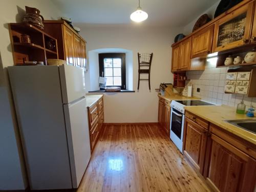 a kitchen with a white refrigerator and wooden cabinets at Country House Pri Lipet Žiri in Žiri