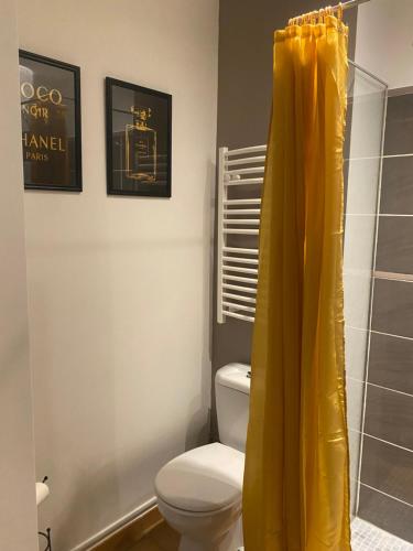 La salle de bains est pourvue de toilettes et d'un rideau de douche jaune. dans l'établissement T2 confortable, à La Seyne-sur-Mer