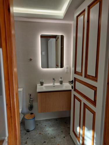 a bathroom with a sink and a mirror at The Cocoon and olives Hut in Koropi