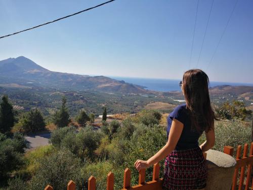 a woman standing on a fence looking at the ocean at Arodamos Residence Mariou in Marioú