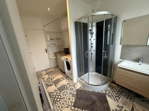 La salle de bains est pourvue d'une douche, d'un lave-linge et d'un sèche-linge. dans l'établissement Studio cosy - Hyper centre, à Valenciennes