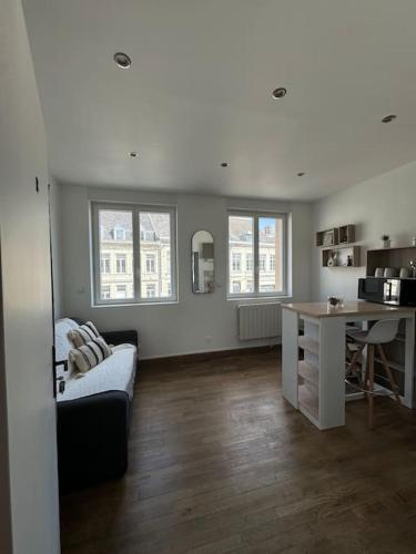 un salon avec un canapé et un bureau dans l'établissement Studio cosy - Hyper centre, à Valenciennes
