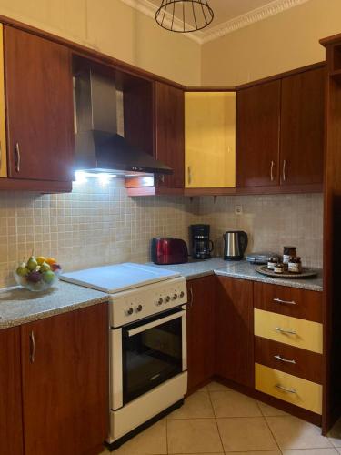 a kitchen with wooden cabinets and a stove top oven at S & S Apartment Preveza in Preveza