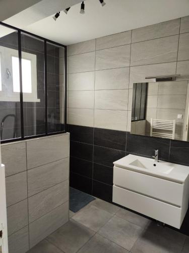 une salle de bain avec un lavabo blanc et un miroir dans l'établissement Gite Saint Barthelemy le Plain - Village, à Saint-Barthélemy-le-Plain